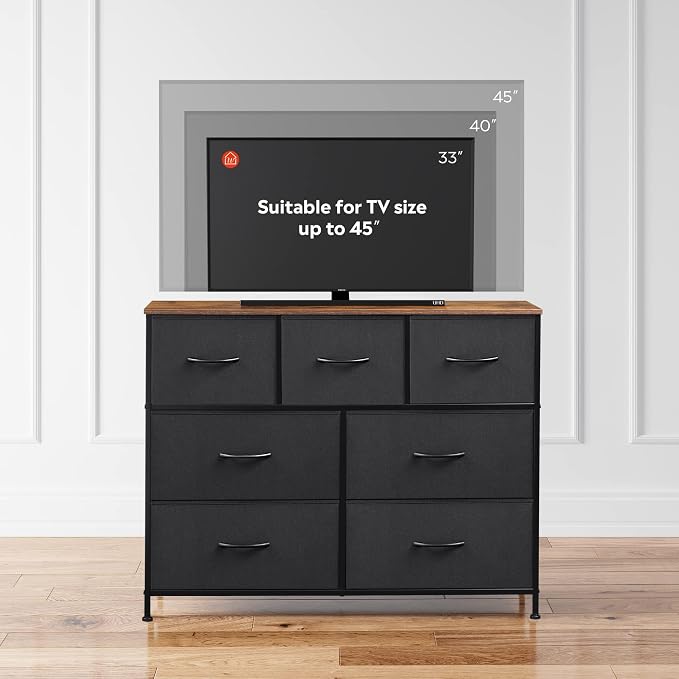 WLIVE Dresser for Bedroom, 7 Drawers, TV Stand, Rustic Brown | 7 roomy fabric drawers, Fits TVs up to 45 inch, Bedroom or living room, Wide storage design, Chest of drawers