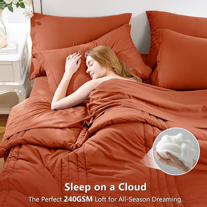 Queen Comforter Set Burnt Orange - 7 Pieces Bed in a Bag | OEKO-TEX Certified, 240GSM Down-Alternative Comforter, 14" Deep-Pocket Sheets, Shams & Pillowcases, Lightweight