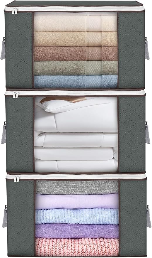90L Large Storage Bags, 3 Pack Clothes Storage Bins Closet Organizers | Foldable Storage Containers, with Reinforced Handle, for Clothing, Blanket, Comforters, Bed Sheets, Pillows and Toys