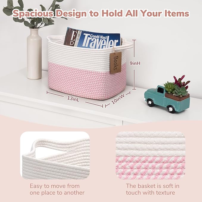 Goodpick Woven Rope Storage Basket for Shelves, Rectangle, Pink & White | 13" × 10" × 9" Stylish Gift Basket for Nursery & Bedroom Organization, Fits Toys & Baby Essentials Storage, Writable Label