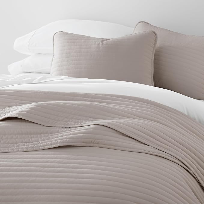 Merit Linens Modern Quilt Coverlet Soft Set in Stripe Stitching - Full/Queen Latte