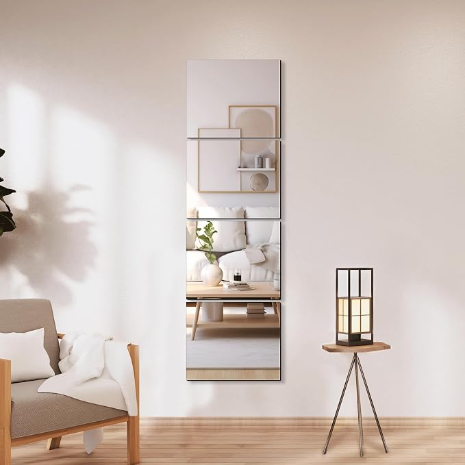 Frameless Mirror Tiles 12"x10"x4 Pcs Wall Mounted | Shatter Resistant, Full Length, Tempered Glass Panels, For Home Gym Bathroom Bedroom & Living Room Decor