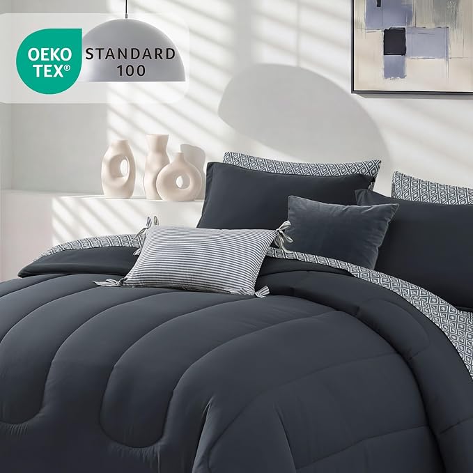Monbix Full Size Comforter Sets-7 Pieces Soft Bed in a Bag Full Bedding Set | All Season Blue Grey Track Stitching Comforter Bed Set with Printed Sheets, Pillowcases & Shams