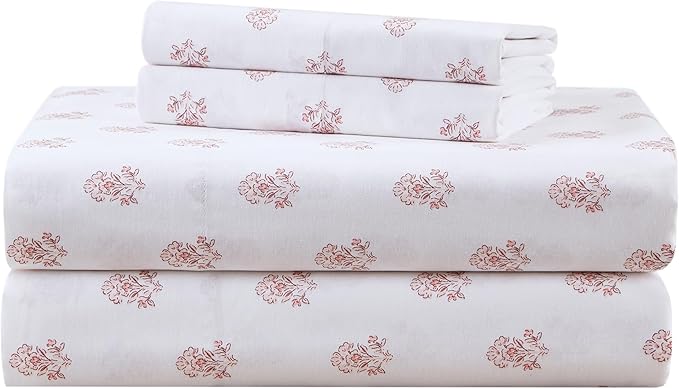 Comfort Spaces 100% Cotton Percale Sheets Twin Sheet Set 3 Pcs, Floral Pink | Crisp, Cool & Breathable Bed Sheets, 12" Deep Pocket Fits Up to 14" Mattress, Lightweight, All Season Cozy, with Pillow Case