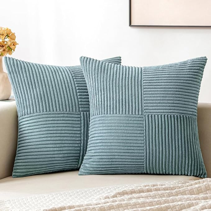 MIULEE Slate Blue Decorative Throw Pillow Covers for Couch 20x20 Inch | 2 Pack, Boho Farmhouse Pillow Covers, Soft Cross Corduroy Patchwork Textured Cushion Cases For Bed Sofa