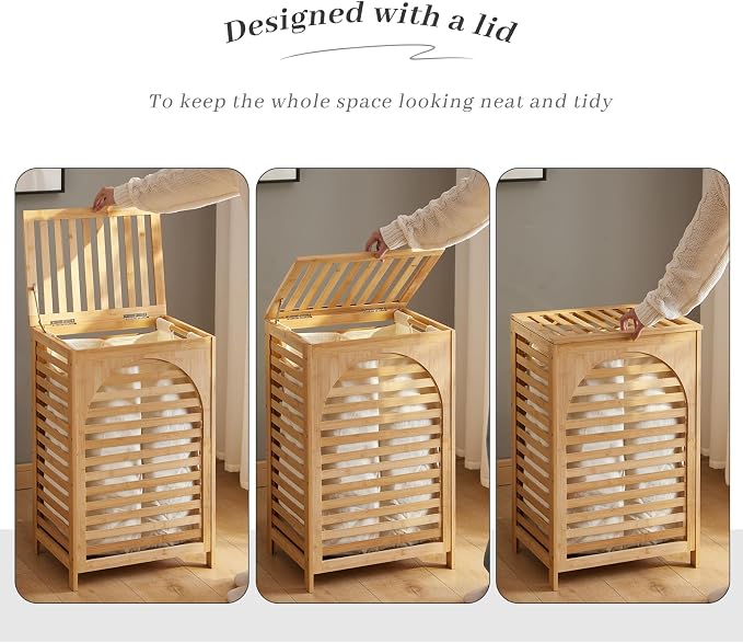 Laundry Hamper with Lid,Bamboo Large Waterproof Clothes Laundry Basket,Removable Washing Bags with Handles,clothes basket (Natural)