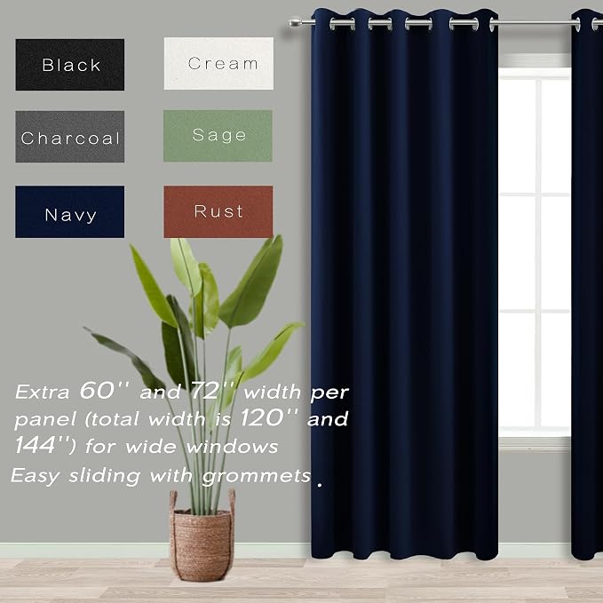 KOUFALL 72x63 Inches Long Navy Blue Blackout Curtains for Bedroom