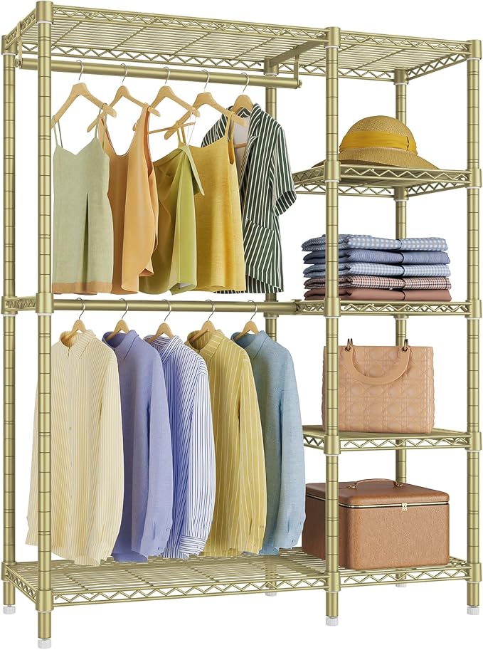 VIPEK V7 Garment Rack with Shelves Portable Closet for Hanging Clothes | 5 Tiers Adjustable Wire Shelving, Double Hanging Rods, 670lbs Metal Closet System, Space-Saving Storage for Apartment,Gold