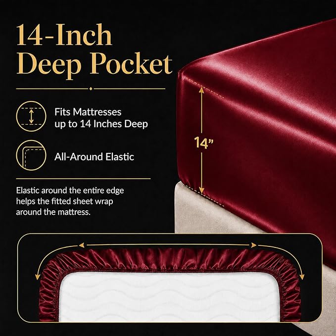 CozyLux Satin Sheets Full, 6-Piece 14-Inch Deep Pocket Sheet Set | OEKO-TEX Certified Silky Soft Sheet Set for Hair & Skin, Luxurious Silky-Smooth Satin for Elegant Bedroom Decor, Burgundy