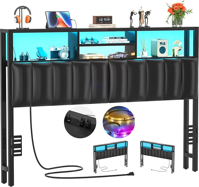 Aheaplus Headboard for Queen Size Bed with Storage, Upholstered Headboards | with Outlets, USB Ports and LED Light, Reversible Queen Size Head Board, Height Adjustable, Comfortable Headboard, Black