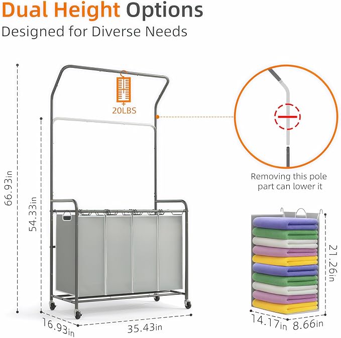 ROMOON Laundry Hamper Sorter Cart, 4 Section Organizer with Hanging Bar | 180L Rolling Laundry Basket with Heavy-duty Lockable Wheels and Clothes Rack for Laundry Room, Closet, Small Spaces, Grey