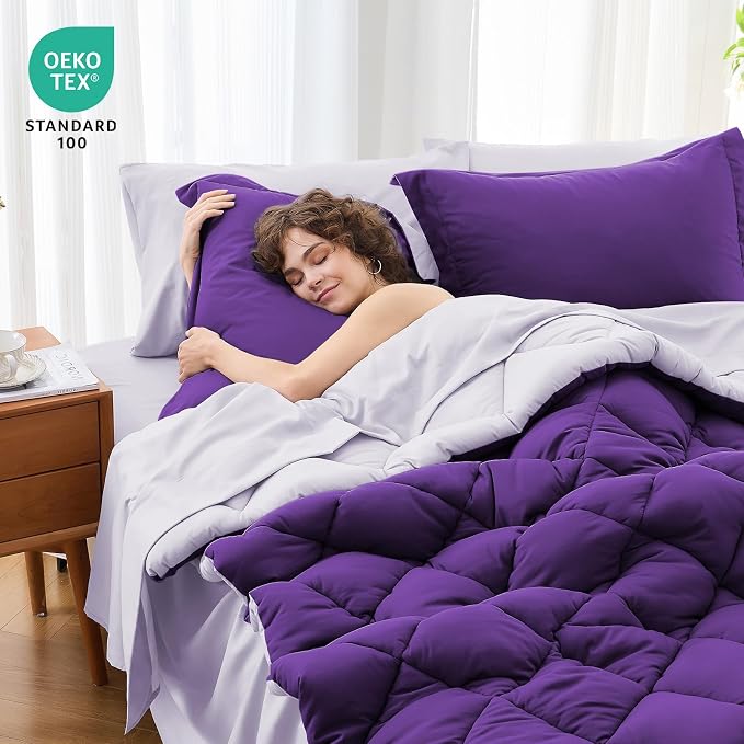 7 Pieces Full Comforter Set, Reversible Bed in a Bag Full Size, All Season Bedding Set with Comforter, Flat Sheet, Fitted Sheet, Pillowcases & Shams, Purple & Lavender