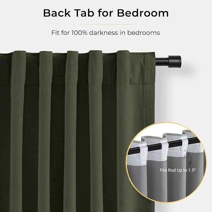 INOVADAY 100% Blackout Curtains for Bedroom Black Out Curtains 84 Inch Long | Loden Green Curtains for Living Room 2 Panel, Clip Rings Linen Look Blackout Drapes, Thermal Insulated Room Darkening,W50xL84