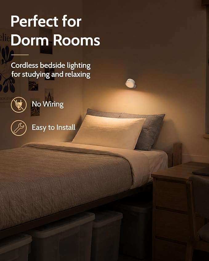 LED Wall Mounted Lights, Rechargeable Wall Sconces, 3 Color Temps, Remote & Touch, 360° Rotating and Dimmable for Bedroom, Bedside & Reading (White, 2 Pack)