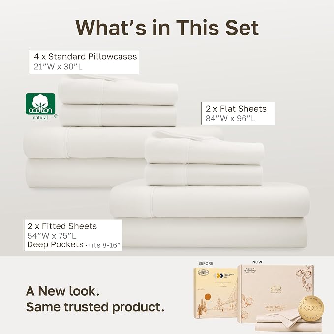 California Design Den 2-Pack 100% Cotton Sateen Full Sized Sheets Set | 400 Thread Count Backed by Good Housekeeping Seal, 16" Deep Pocket, All-Around Elastic, Easy Care - Ivory (Pale Tone)