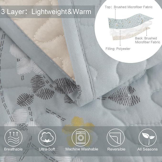 Exclusivo Mezcla Reversible Boho Quilt King Size Light Blue | Lightweight Soft Bedspreads, All Season Flowers Coverlet Bedding Set, Printed Floral Pattern, 1 Quilt and 2 Pillow Shams