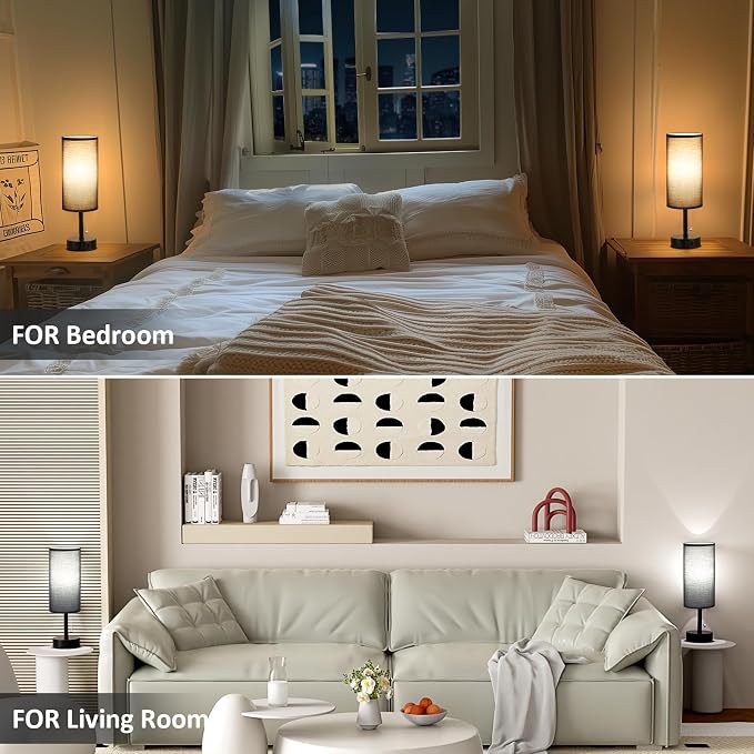 Black Bedside Table Lamps Set of 2 - Bedroom Lamp for Desk, AC Outlet | 3CCT(3000K/4000K/5000K), LED Bulbs Included, Black Fabric Lampshade, 14in Small Lamp for Nightstand, Guest Room, Living Room
