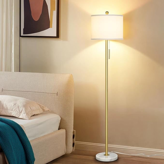 Qingmiao 63" Gold Floor Lamp for Living Room, Marble Base, 3 Way Bulb | Dimmable Standing Lamp with Pull Chain for Bedroom, Tall Pole Lamp for Home Office Reading Corner Decor Gifts