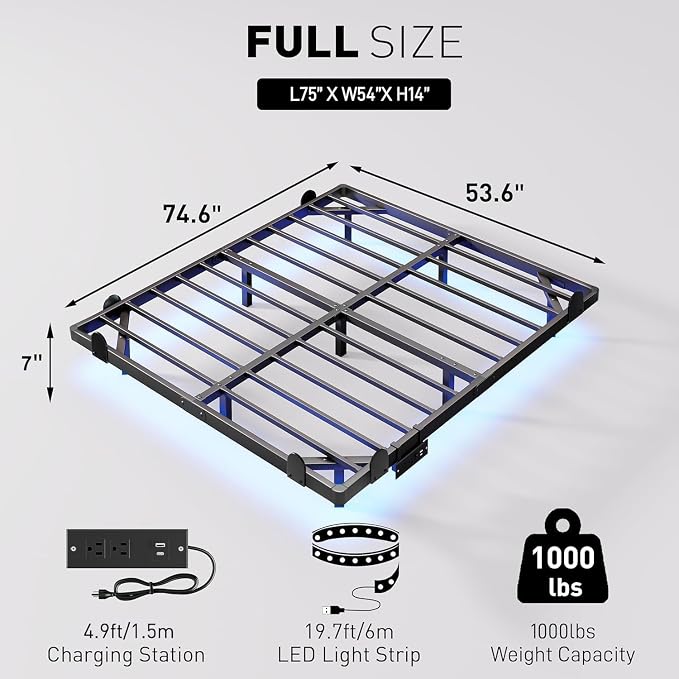qimamo 7 Inch Floating Full Bed Frame with Smart LED Lights and Charging Station, Modern Metal Full Bed Frame, Easy to Assemble, No Box Spring Needed
