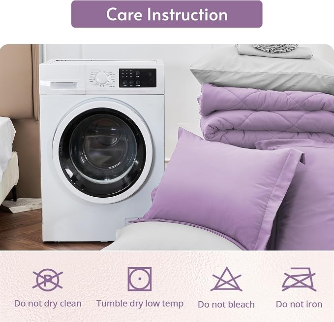 7 Pieces California King Comforter Set, Reversible Bed in a Bag Cal King Size, All Season Bedding Set with Comforter, Flat Sheet, Fitted Sheet, Pillowcases & Shams, Greyish Purple & Light Grey