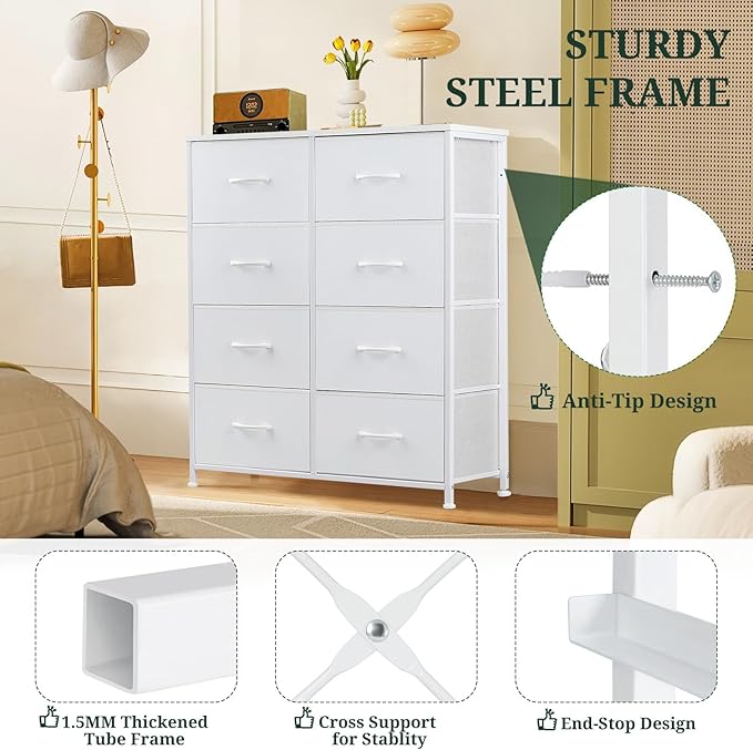 8-Drawer Dresser for Bedroom, Anti-Tip Tall Storage Organizer | Chest of Drawers with Wooden Top and Metal Frame Fabric Bins for Closet, Living Room, Hallway, Entryway, White