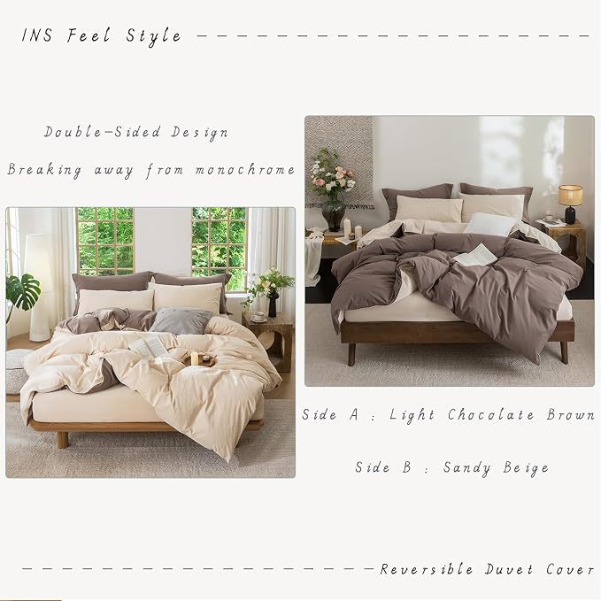 BDEAR 3Pcs Reversible Duvet Cover Set Super Queen Size,Brown and Beige | 100% Washed Cotton, 1 Duvet Cover with 2 Pillowcases, Zipper Closure, OEKO TEX Standard,8 Corner Ties,Linen-Liked Texture