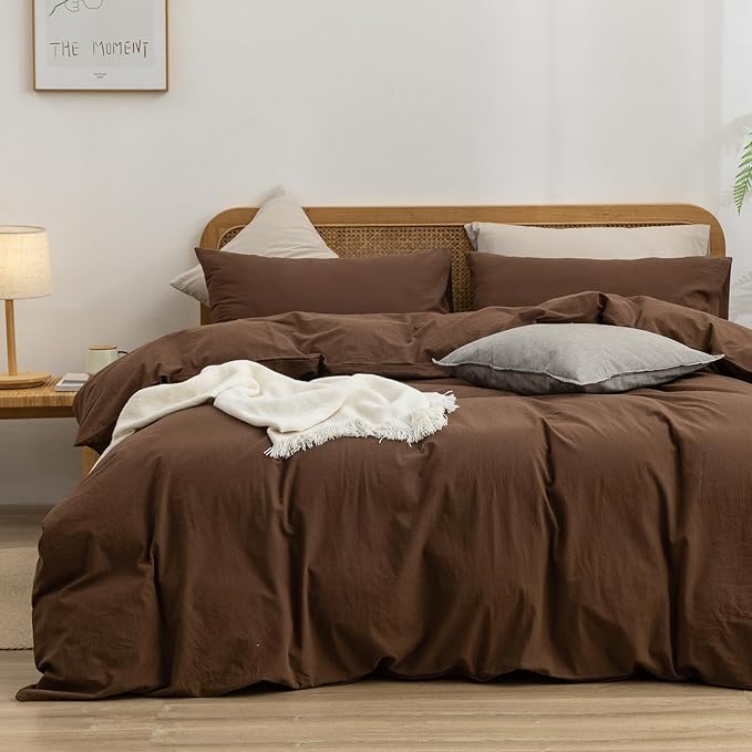 BESTOUCH Cotton Solid Duvet Cover Set Linen Feel Cocoa Brown Full | 100% Washed Cotton, Soft Wrinkle Texture, Hidden Zipper, 8 Ties, Breathable Lightweight Durable Comfy, 3 Pcs No Insert