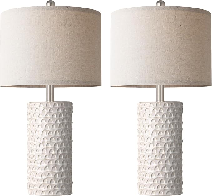 23" Modern Ceramic Table Lamp Set of 2, Table Lamps for Living Room, Rustic Farmhouse Bedside Lamps Nightstand lamp for Bedroom, White Desk Lamp for End Table Home Decor Beige