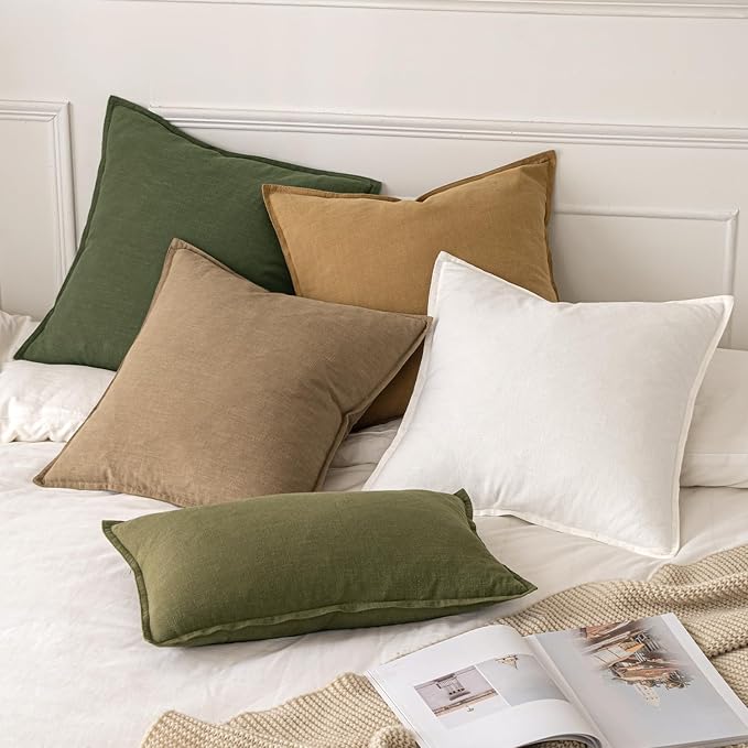 MIULEE Decorative Linen Euro Sham Pillow Covers 28x28 Inch Dark Olive Green | Boho Farmhouse Neutral Couch Throw Pillows for Bed, Pack of 2 Accent Modern Pillowcases, Sofa Livingroom Home Decor