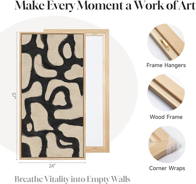 Large Framed Modern Abstract Horizontal Wall Art for Living Room, 60x30 In | Extra Large, Black and beige, Modern, Minimalist, Canvas artwork, Dining room decor, Bedroom art, Office decor, Ready to hang