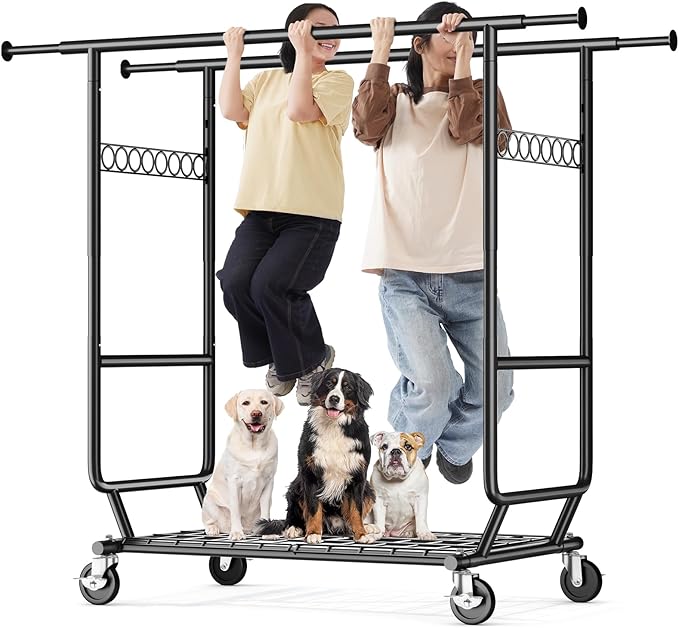 HOKEEPER Clothes Rack Load 650 LBS Collapsible Clothing Rack Double Rod | Black 22"D*75"W*68"H, Adjustable Heavy Duty Garment Rack for Hanging Clothes Rolling Commercial Closet Rack with Shelves