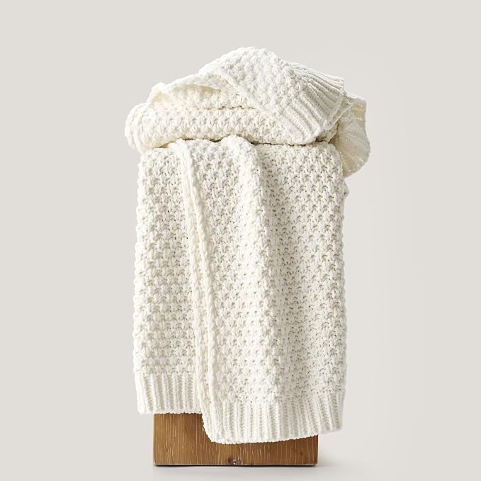 EVERGRACEHOME Chunky Chenille Knit Throw Blanket, 60 x 80, Bright White | Sculpted Moss Stitch, Chic Modern Farmhouse, All-Season Warmth, OEKO-TEX® Certified, Elegant Blanket for Couch, Bed, Sofa