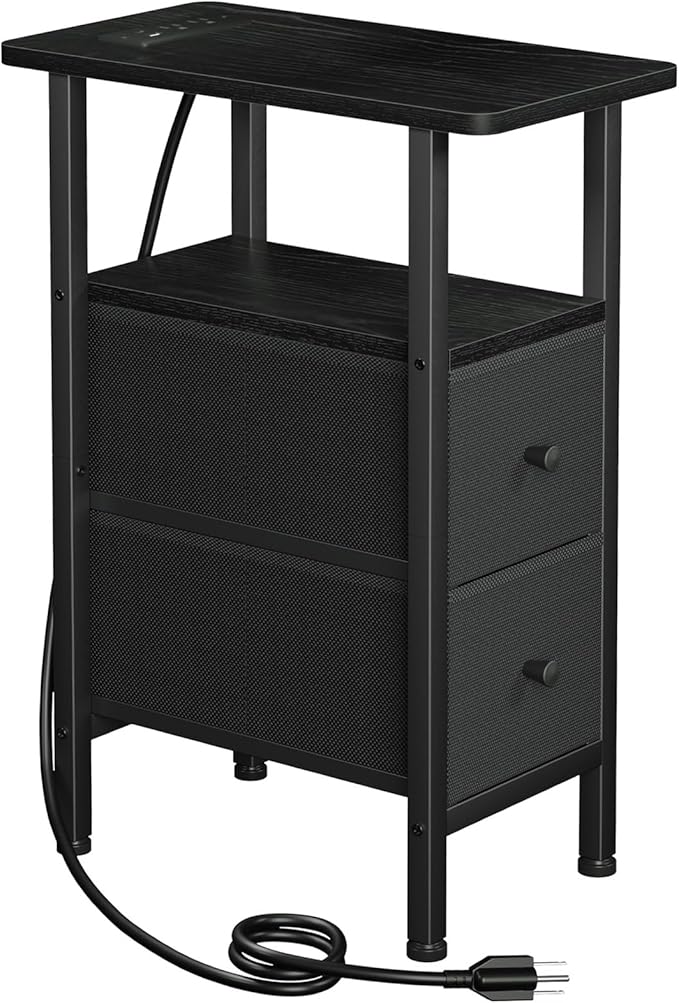 LOAKEKEL Narrow End Table with Charging Station, Small Nightstand | Skinny Side Tables Living Room with 2 Fabric Drawers, Slim Bedside Table for Bedroom, Small Spaces, Couch, Black
