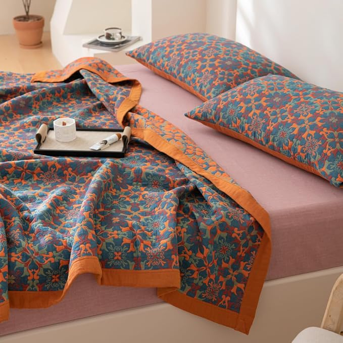100% Cotton Muslin Blanket Jacquard Bohomian Mandala Floral Print Quilt, Soft Bed Cover 3 Layers Reversible Bedspread Coverlet Breathable Lightweight Bedding Twin(59"x94"), No Pillow Sham
