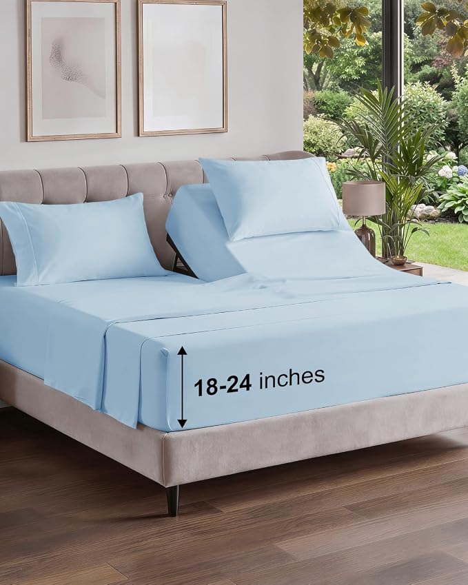 Flex Top Split Head King Sheet Set - 4 Piece Extra Deep Sheets - Sky Blue | Easily Fits 18 to 24 inch Mattress, Ultra Soft, Wrinkle & Fade Free with Extra Deep Pockets, Comfy Hotel Luxury Bedding