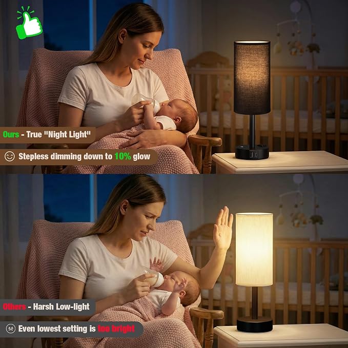 Black Touch Bedside Lamp for Bedroom, Stepless Dimmable, USB A+C, AC Outlet | Base Touch Button Only, Memory Brightness, Ultra-dim Night Light, Included Bulb for Optimal Dimming, Black Fabric Shade, Desk