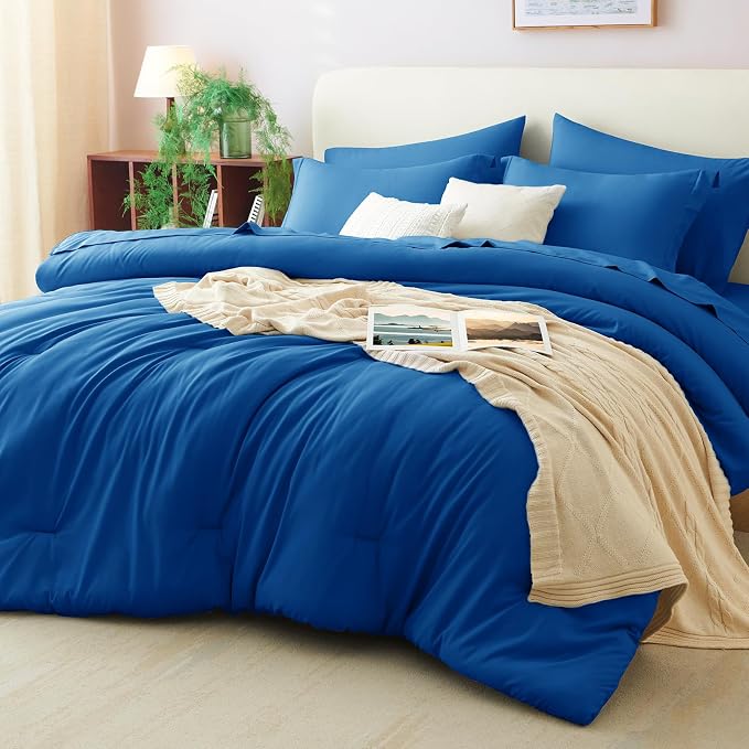 King Size Comforter Set Classic Blue, 7 Pieces Bed in a Bag | OEKO-TEX Certified, All-Season, Bedroom, 240GSM Down Alternative Comforter, Flat & Fitted Sheets, 2 Pillowcases & 2 Shams