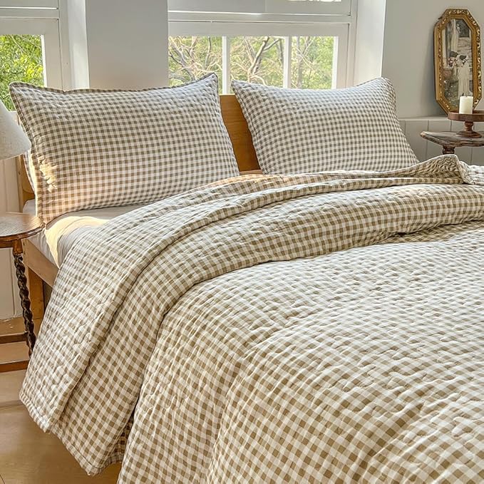 NSNLGSGC Tan Gingham Queen Summer Bedspread Quilt Set | Pre-washed Microfiber,Lightweight Checked Grid Bedding Coverlets for All Seasons