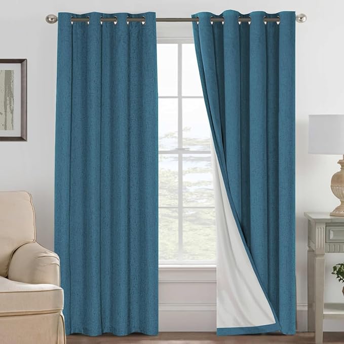 H.VERSAILTEX Linen Curtains 100% Blackout Curtains for Bedroom 90 inch Long Full Light Blocking Nature Linen Blended Window Curtains for Living Room Nickel Grommet (2 Panels, Blue Sapphire)