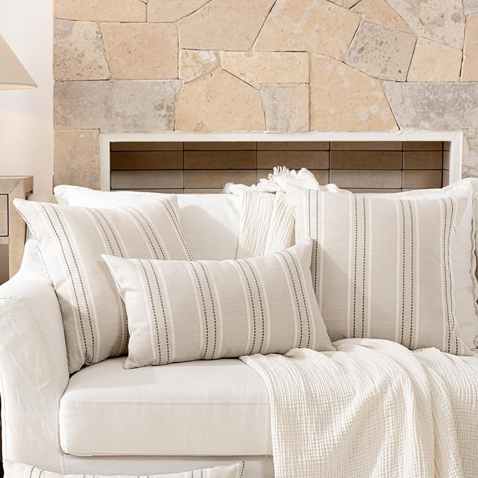 Hckot Striped Throw Pillow Covers 18x18 Set of 2 Taupe Pillow Covers | Farmhouse Decorative Pillows Textured Linen Square Cushion Covers for Sofa Couch Bed Living Room Decor(Taupe)