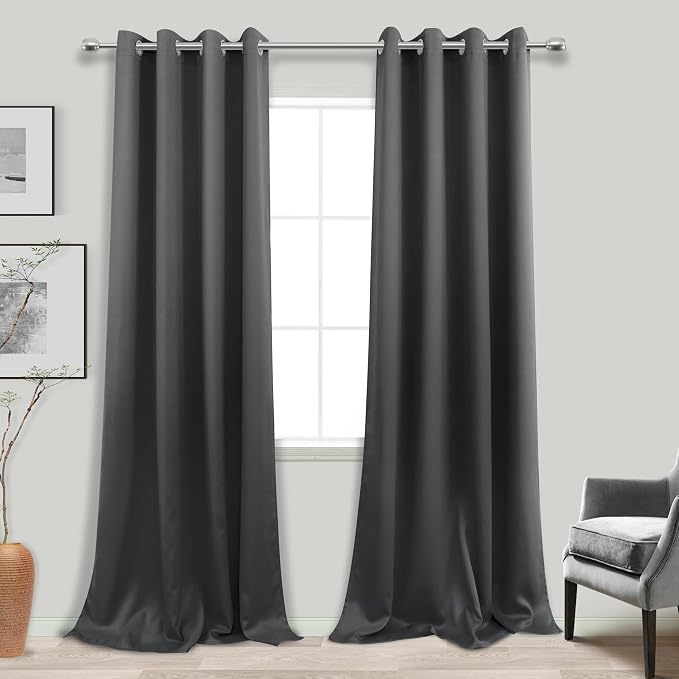 KOUFALL Dark Grey Black Out Curtains 100 Inches Long 2 Panels for Living Room, Thermal Insulated Noise Reducing Room Darkening Satin Drapes for Bedroom, Charcoal Gray