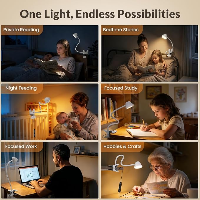 LEPOWER Clip on Light, Reading Lights for Books in Bed, 400LM, RG0 Eye-Care | 5 Colors & Stepless Dimming, Amber Glow Light & Auto Timer, Up to 2.3" Strong Clamp with Adapter for Headboard, Bedside, Desk
