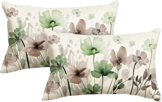 AVOIN colorlife Poppy Flowers Pillow Covers 12x20 Inch Set of 2 | Chinoiserie Sage Green Brown Seasonal Leaves Cushion Case Decoration for Sofa Couch Farmhouse
