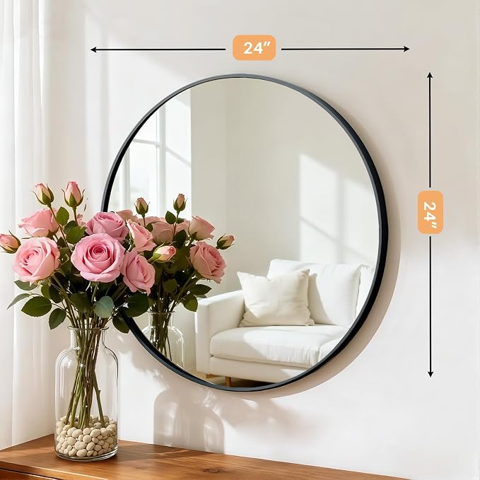 Bathroom Mirror for Wall, 24 Inch Round Mirrors | Circle Vanity Mirror for Bathroom Bedroom Living Room Entryway, Anti-Rust, Tempered Glass, Hanging or Leaning
