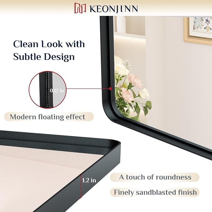 Keonjinn 22 x 30 Inch Black Vanity Mirror, Aluminum Frame Bathroom Mirror | Tempered Glass with Clear Reflection, Matte Black Sandblasted Finish, Anti-Rust, Seamless Aluminum Frame, Rounded Rectangle