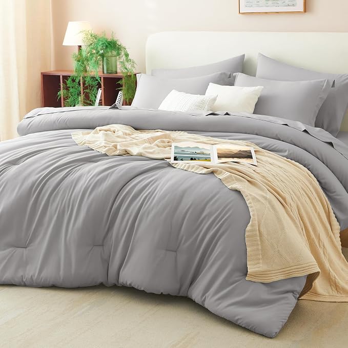 King Size Comforter Set French Grey, 7 Pieces Bed in a Bag King Comforter Set with Sheets, Bedding Sets with Down Alternative Comforter, Sheets, Pillowcases & Shams, Soft All Seasons Bed Set