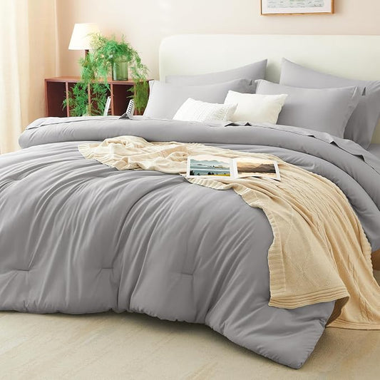 King Size Comforter Set French Grey, 7 Pieces Bed in a Bag King Comforter Set with Sheets, Bedding Sets with Down Alternative Comforter, Sheets, Pillowcases & Shams, Soft All Seasons Bed Set