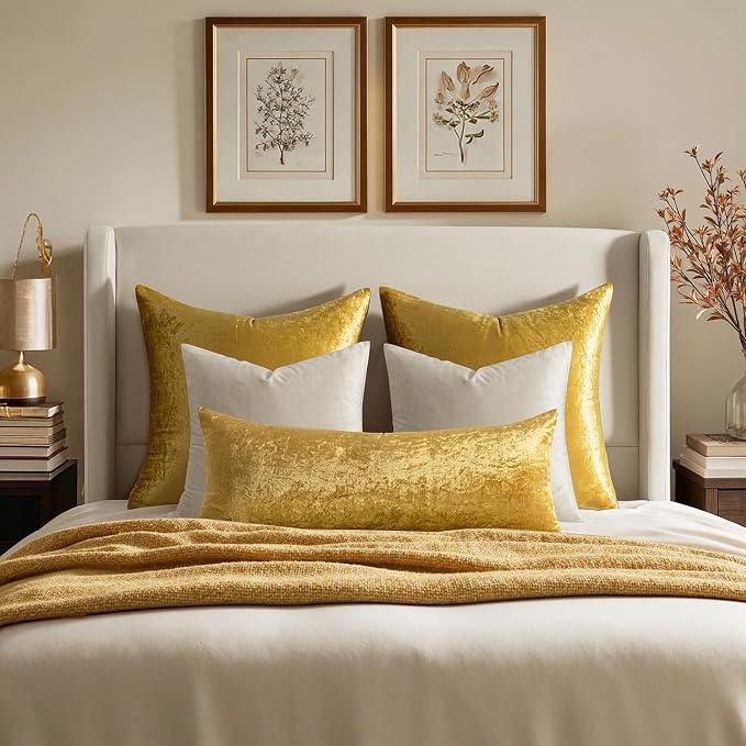 MIULEE 28x28 Inch Pack of 2 Euro Velvet Throw Pillow Covers Golden | Soft Solid Decorative Euro Sham, Modern Luxury Home Decor, for King Bed Sofa Couch Bedroom Livingroom
