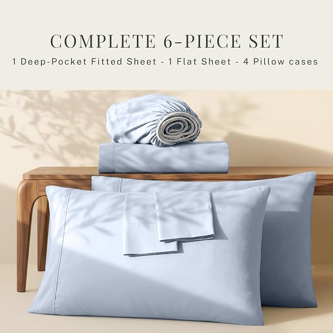 Hearth & Harbor Extra Deep Pocket Sheets - Fits Mattress 18-24 Inches Deep - Extra Deep Pocket Full Size Sets - 6 Piece Full Size - Full - Ice Blue