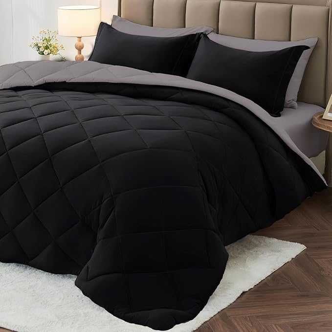 7 Pieces Oversized King Comforter Set, Reversible Bed in a Bag Oversized King Size, All Season Bedding Set with Comforter, Flat Sheet, Fitted Sheet, Pillowcases & Shams, Black & Soot